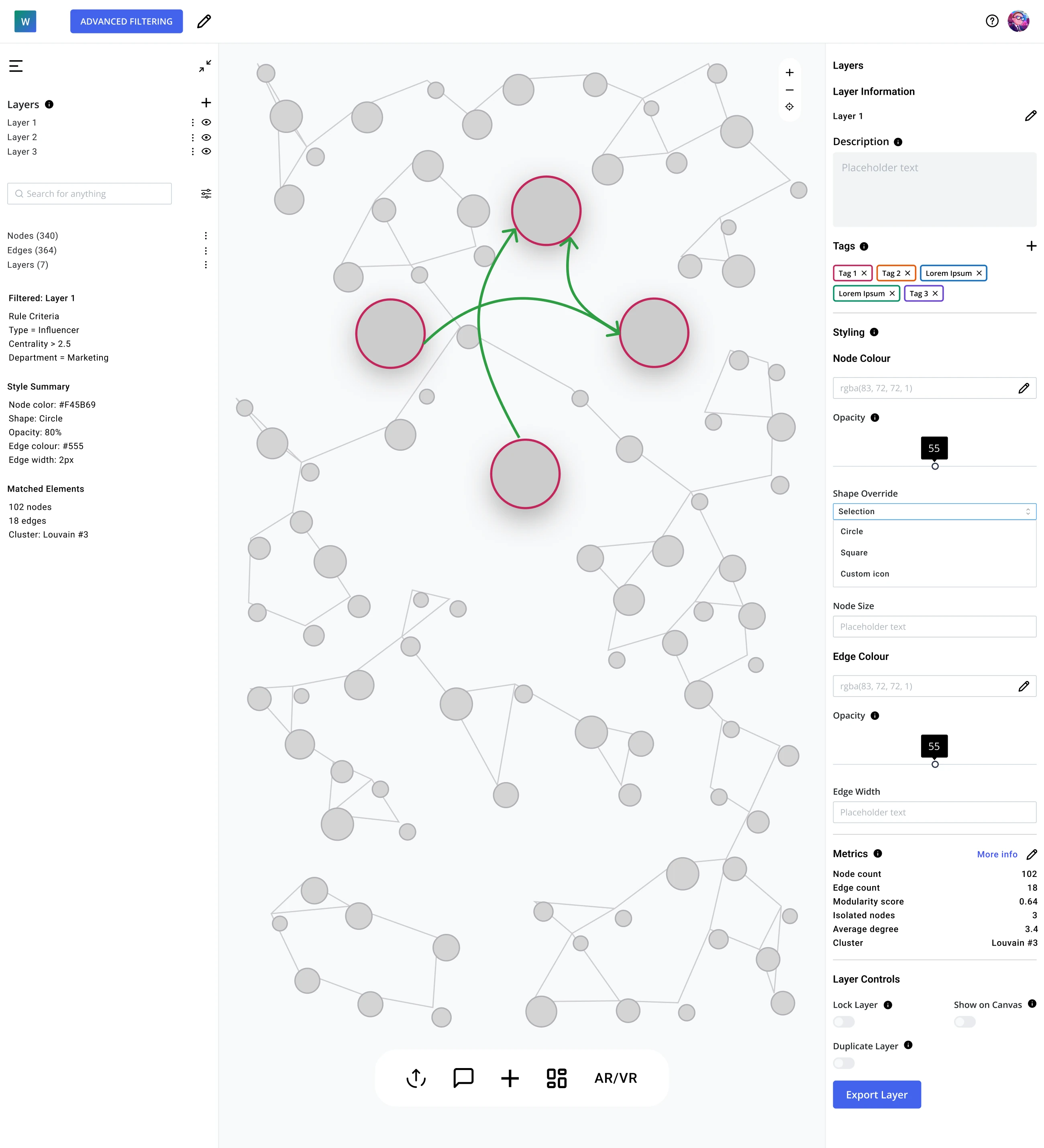 A layer’s panel showing its description, styling, metrics and controls