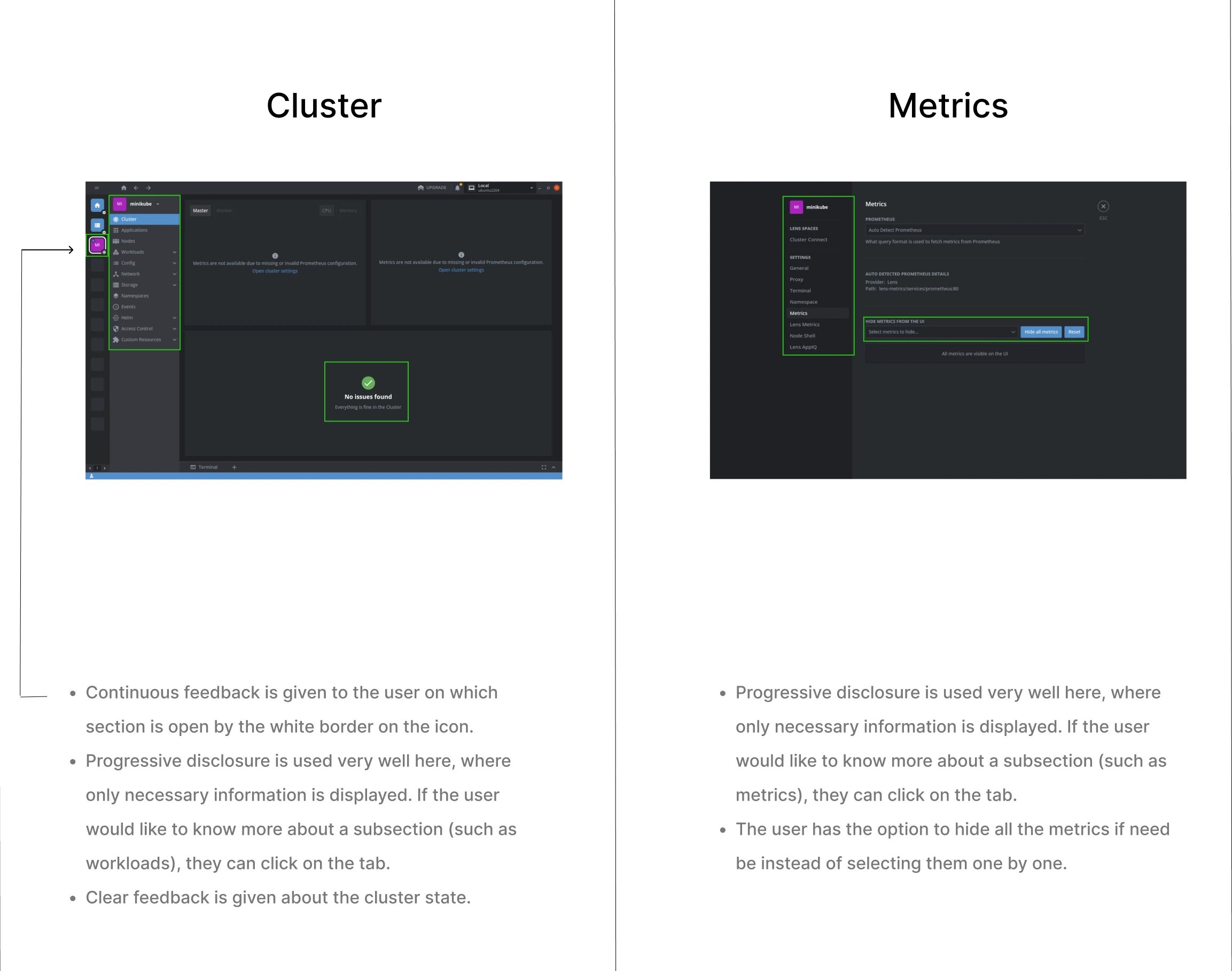 Two columns of the Lens competitive analysis, showing annotated screenshots above written observations
