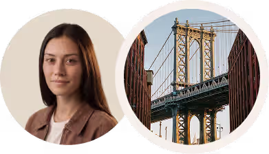 Portrait of a woman beside a circular image of a suspension bridge between city buildings.