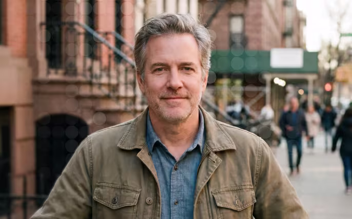 Middle-aged man with gray hair and light beard wears jacket over denim shirt on city street.