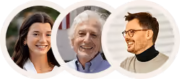 Three people smiling in circular frames: a woman, an older man, and a man with glasses.