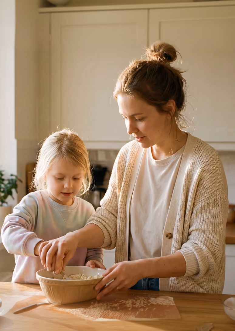 Woman and young girl mixing dough in a kitchen bowl with flour on the table.