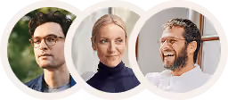 Headshots of three individuals: man with glasses, woman in a black turtleneck, and bearded man smiling.