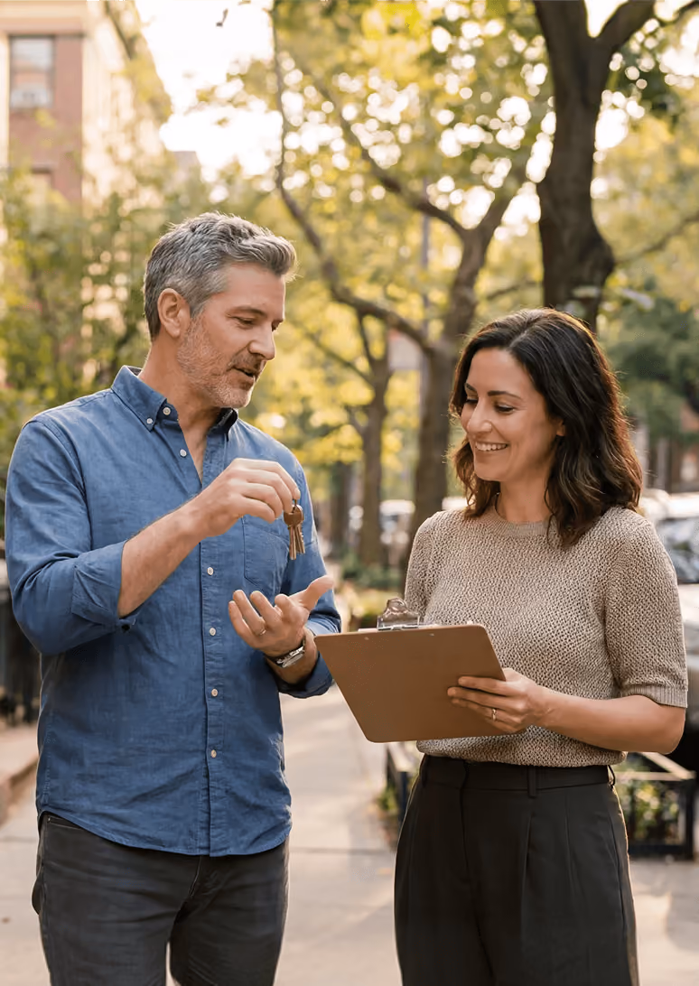 Man handing over keys to a smiling woman holding a clipboard outdoors on a tree-lined street.