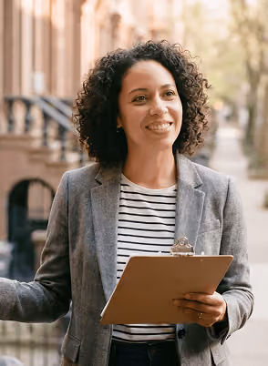 Smiling woman in a gray blazer holding a clipboard outdoors on a city street.