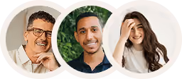 Three smiling people in circular frames: a man with glasses, a man in casual shirt, and a woman with long hair.