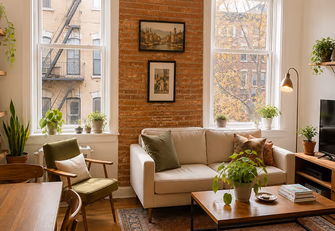 Cozy living room with beige sofa, green chair, wooden table, plants, and large windows showing brick buildings.