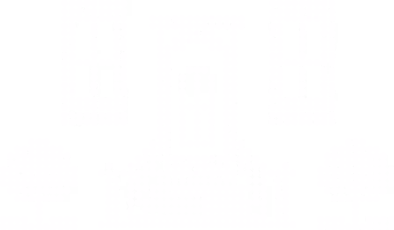 Pixel art of a door with two windows and two trees on each side on a black background.