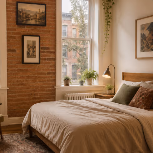 Cozy bedroom with a wooden bed, beige bedding, plants on the window sill, and framed art on brick and white walls.