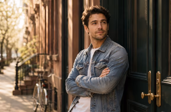 Man in denim jacket standing with arms crossed on street by brownstone buildings and bicycle.