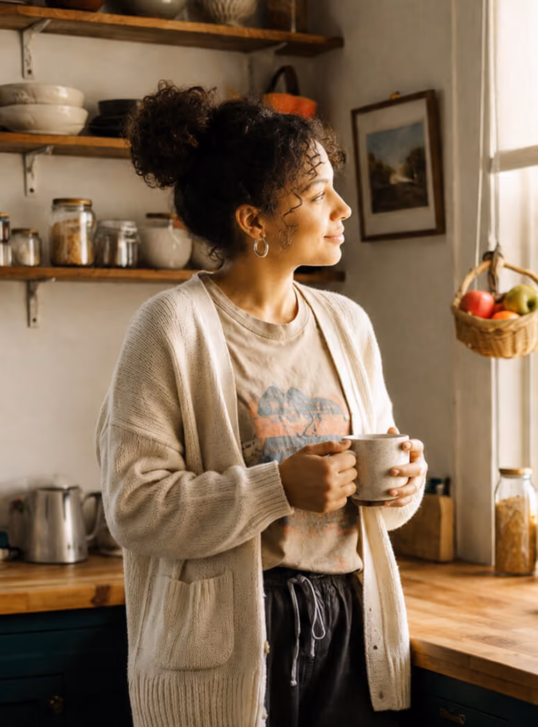 Woman in a cozy sweater holding a mug and looking out a window in a rustic kitchen.