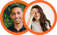 Portraits of a smiling man and woman, each inside overlapping orange circles.