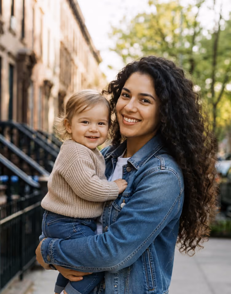 Smiling woman with curly hair holding a happy toddler outside on a city sidewalk.