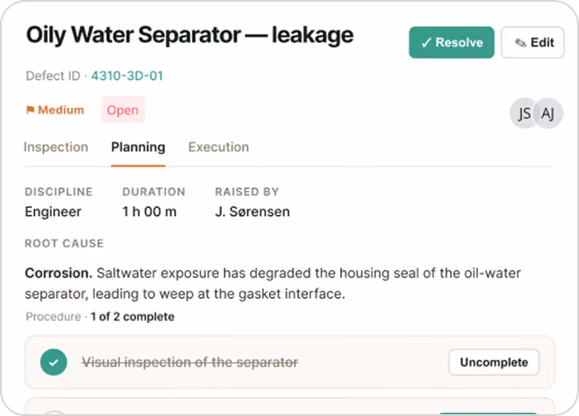 Defect report for oily water separator leakage showing medium priority, inspection planning, corrosion root cause.