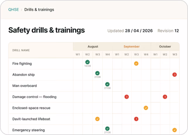 Schedule table listing safety drills from August to October showing dates and status with check, warning, and alert icons.