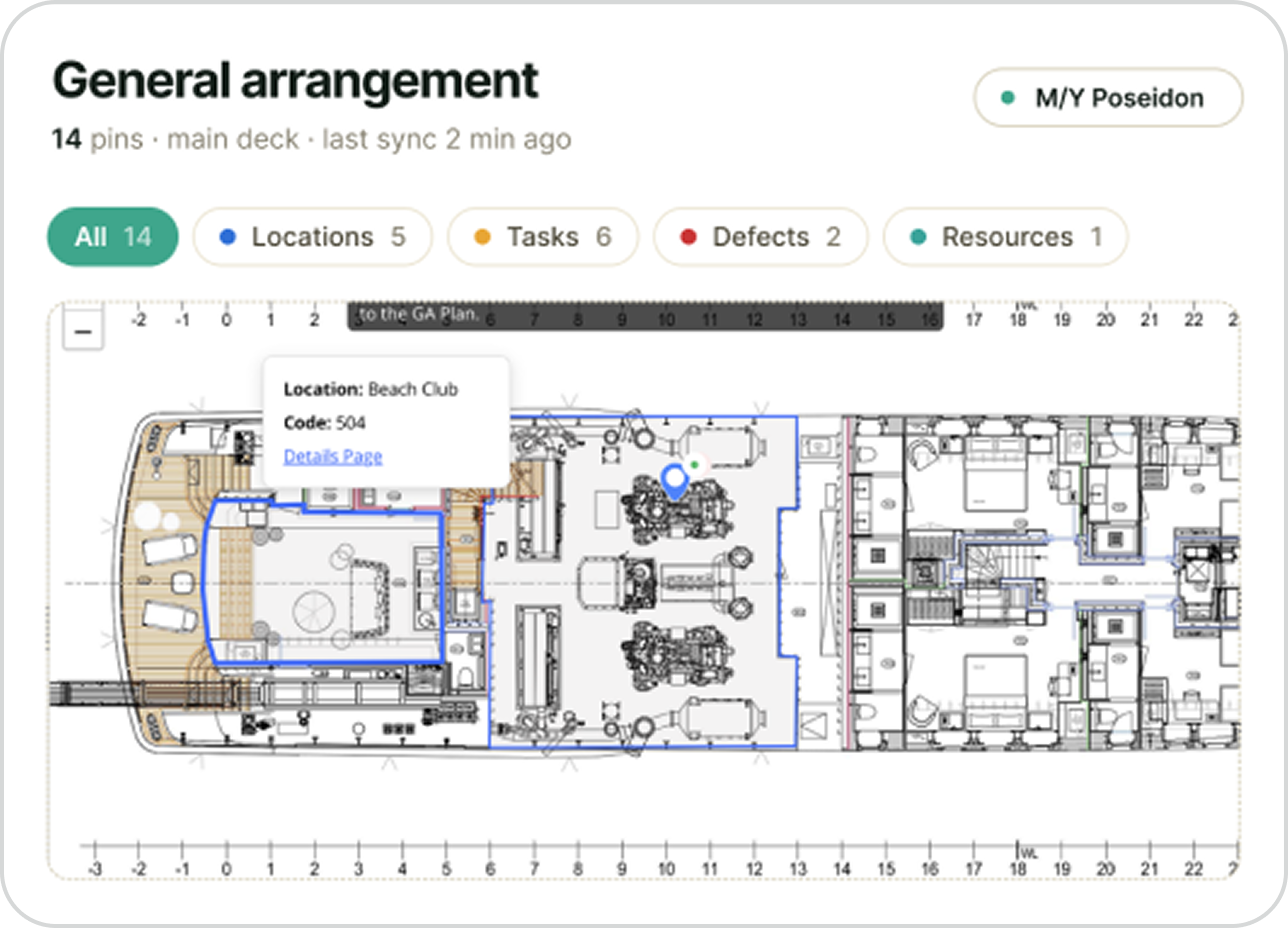 Dashboard showing defects, PMS, crew counts with status updates and task progress for cooling and GA plan.