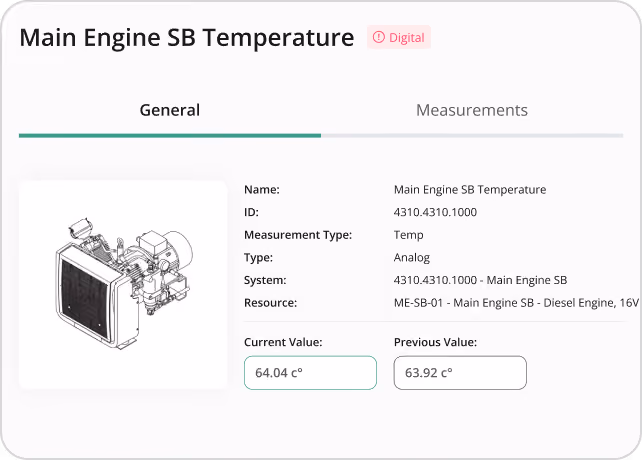 Digital display showing Main Engine SB Temperature with current value 64.04°C and previous 63.92°C alongside engine diagram.