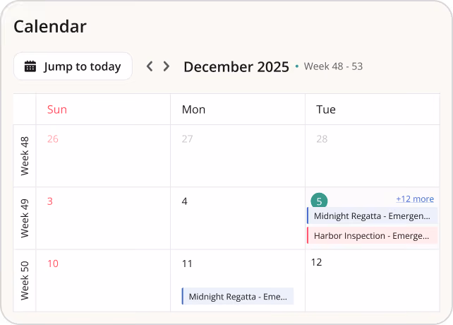 December 2025 calendar showing events: Midnight Regatta and Harbor Inspection on December 5 and 11.