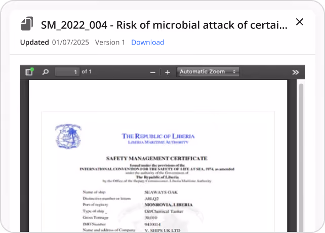 Partial view of a Liberia Safety Management Certificate for the ship SEAWAYS OAK displayed in a document browser.
