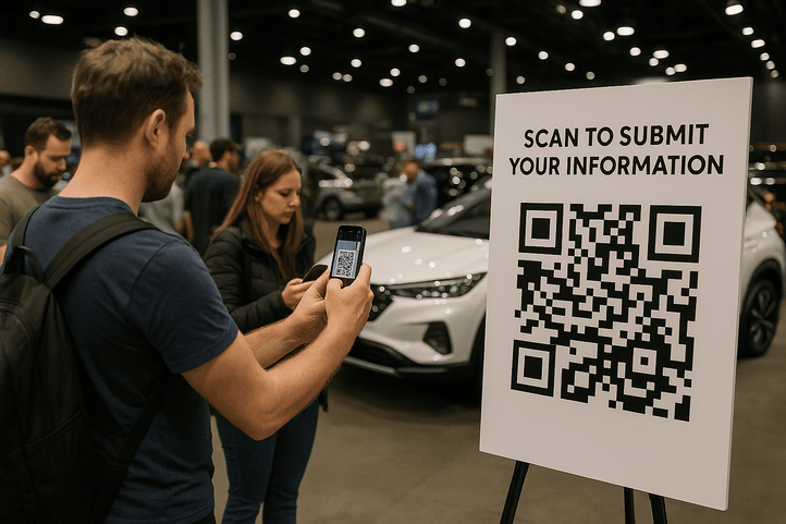 Man scanning QR code at event information stand