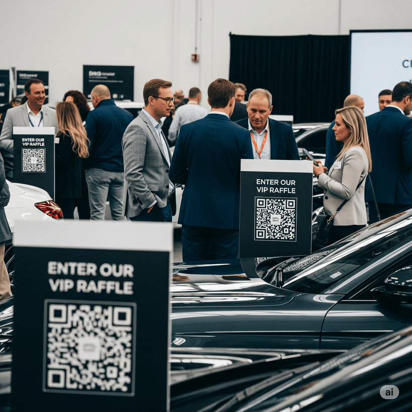 Visitors scanning QR code at trade show raffle booth