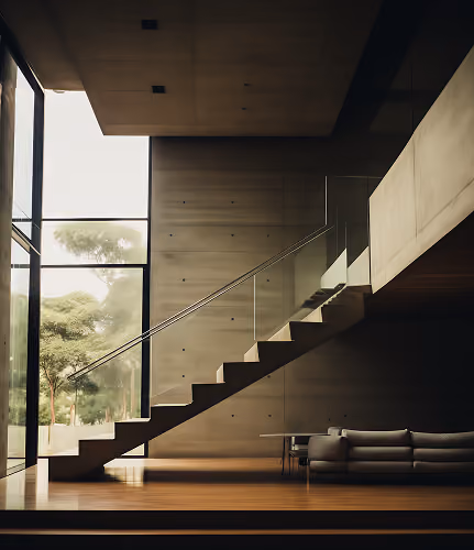 Modern interior with warm wood floating staircase, concrete walls, large window, and gray sofa below.
