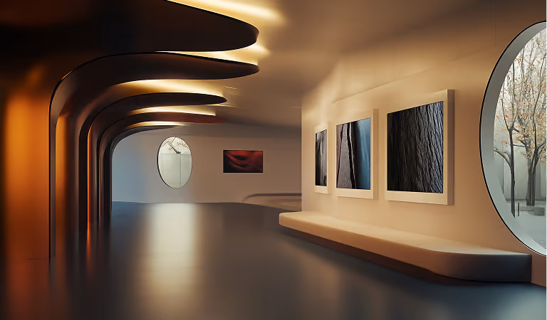 Modern gallery with curved ceiling lights, textured wall art, and round windows.