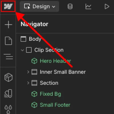 User interface screenshot highlighting the Webflow logo in the top-left corner of a web design editor panel.