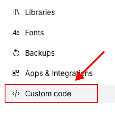 Menu options, with a red arrow pointing to the Custom code option highlighted in a box.
