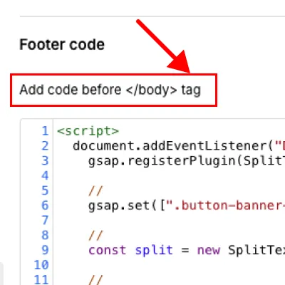 Screenshot of code snippet editor highlighting 'Add code before </body> tag' with a red arrow and box, showing JavaScript code for gsap animation.