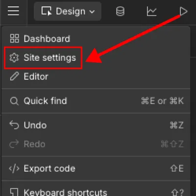 Dropdown menu from a website design interface showing options: Dashboard, Site settings highlighted with a red box and arrow.