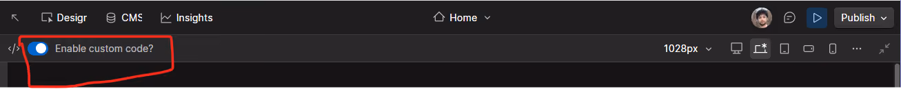Browser window displaying a dark mode header with a blue toggle switch labeled 'Enable custom code?' turned on.