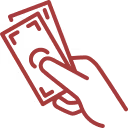 Illustration of a hand holding two banknotes in a reddish color.