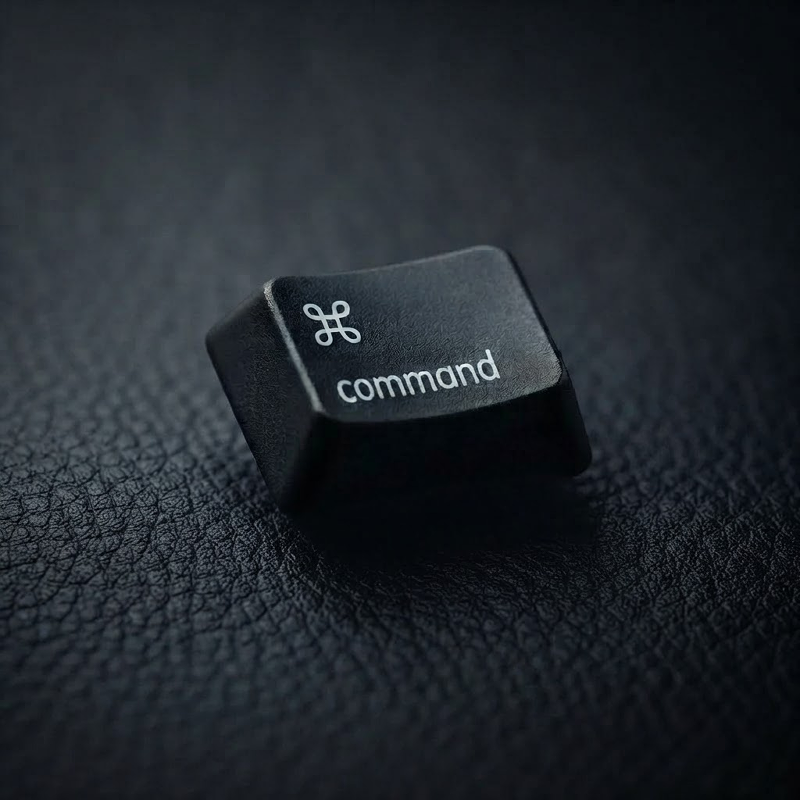 Black Command keycap with the ⌘ symbol on dark leather.
