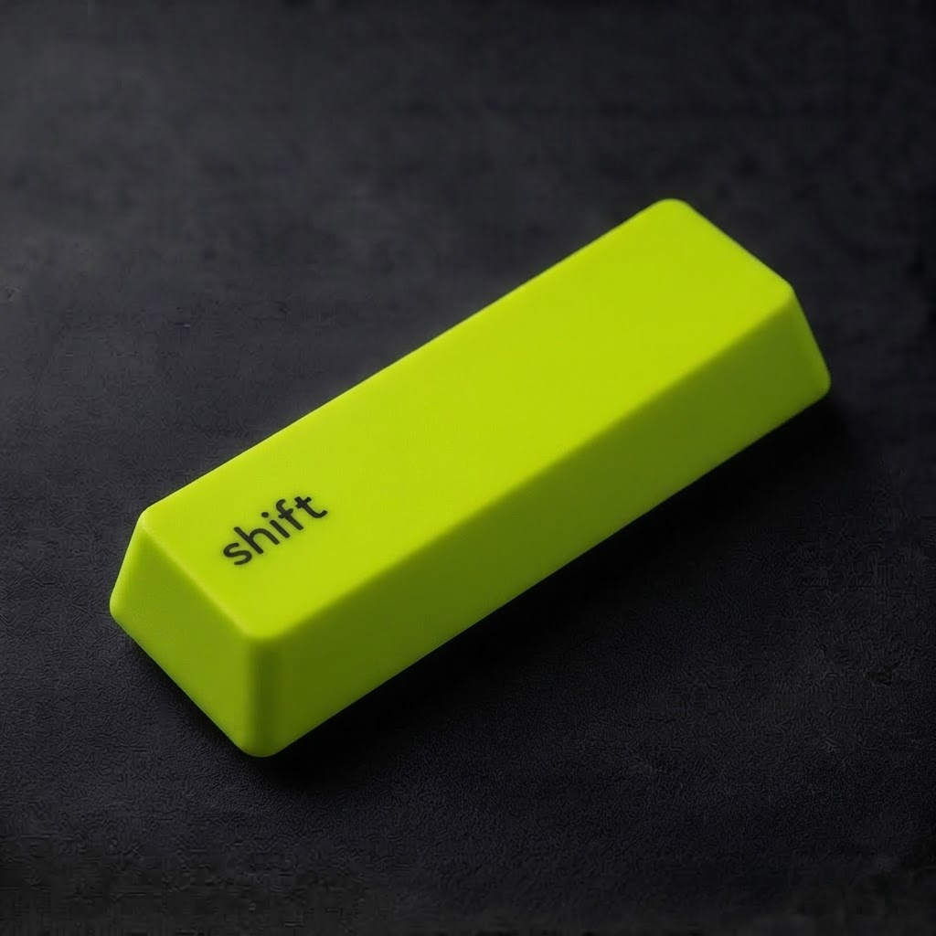 Lime-green Shift keycap on a dark textured surface.
