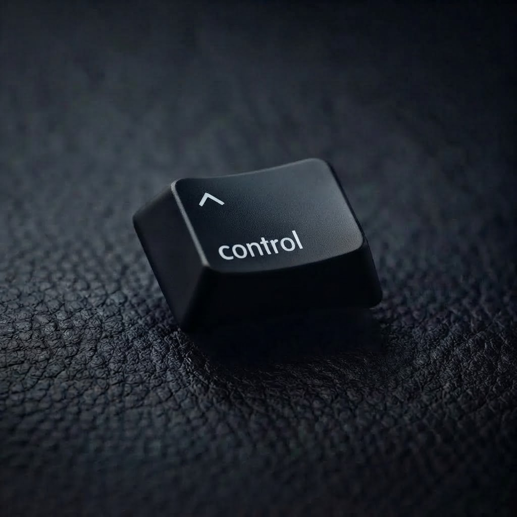Black Control keycap with a caret symbol on dark leather.