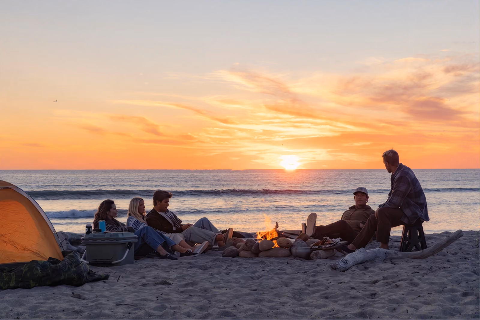 Friends gathered around a beach campfire at sunset.
