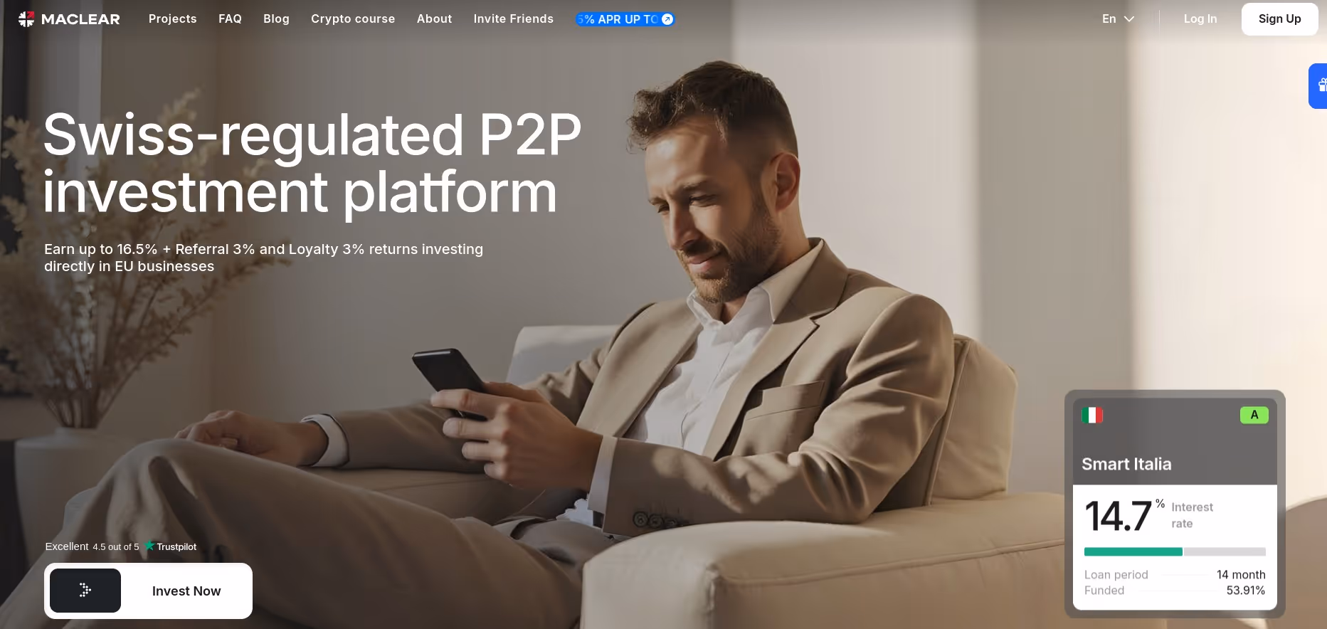 Maclear peer-to-peer business lending platform homepage with Swiss mountain background