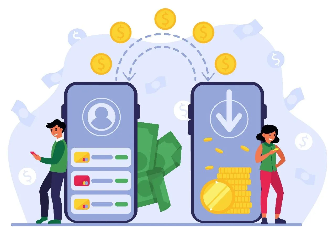 Mobile P2P lending illustration with money transfer between users