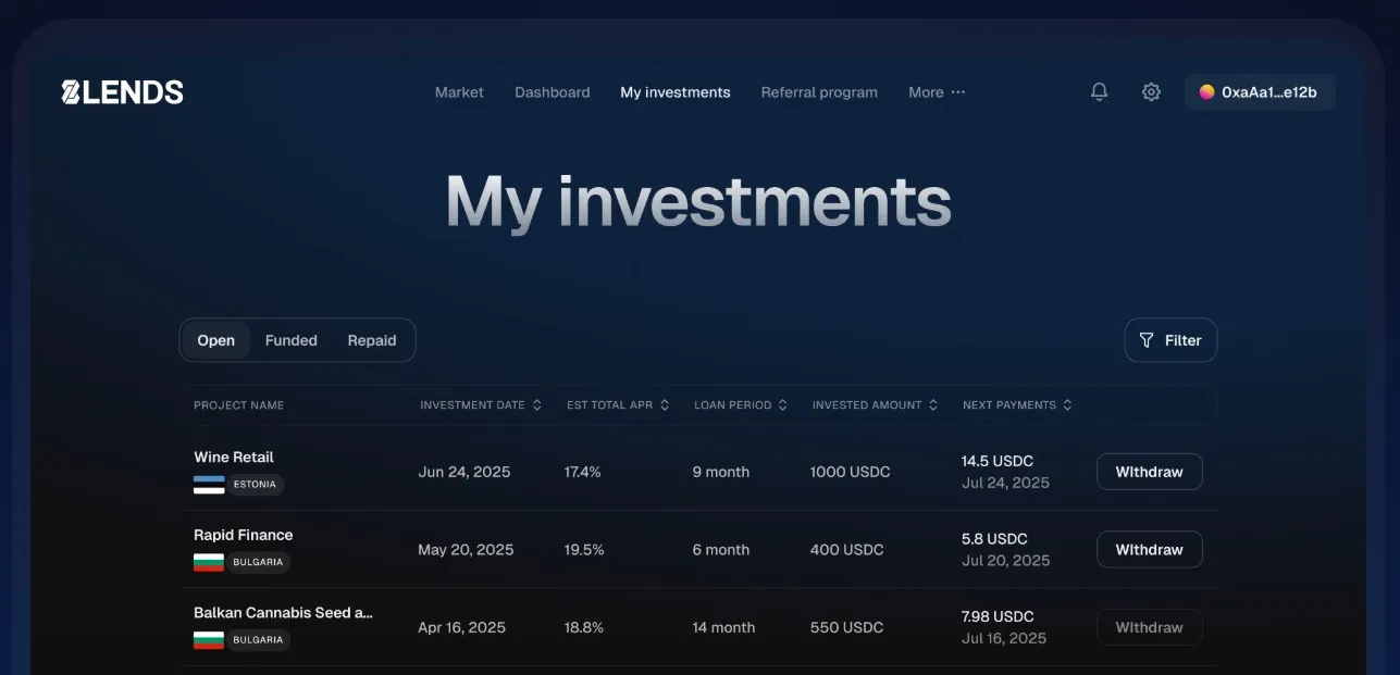 Dashboard showing 'My Investments' with details of projects, including investment date, APR, loan period, invested amount, and next payments.