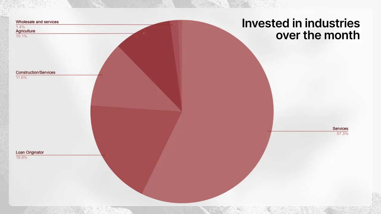 Graphique circulaire affichant la répartition industrielle des investissements en décembre - Services 57,3%, Loan Originator 18,8%, Construction/Services 11,6%, Agriculture 10,1% et secteurs mineurs