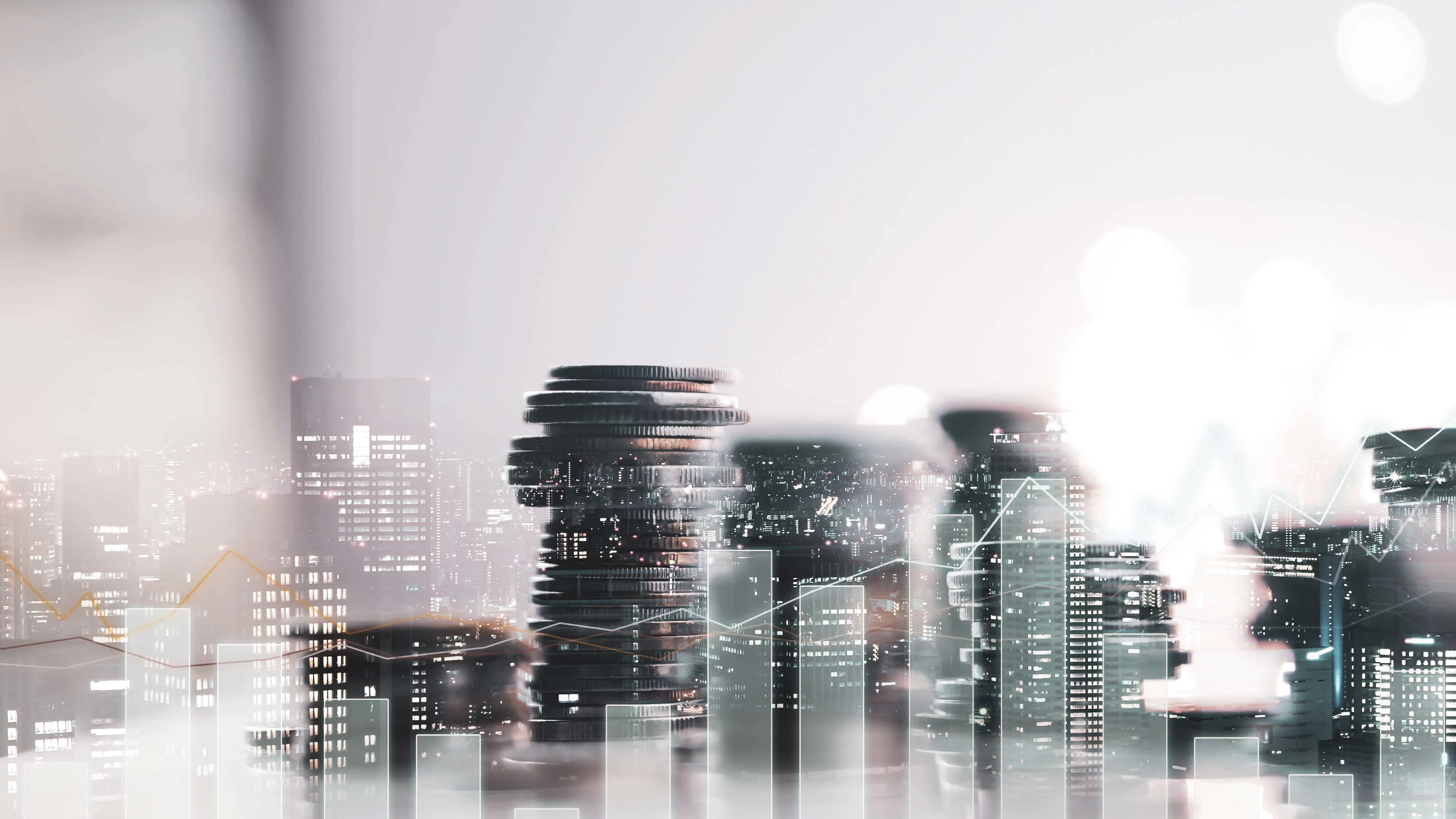 A futuristic cityscape with tall skyscrapers and a prominent cylindrical building in the center.