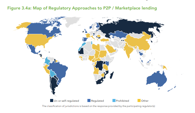 Global map of P2P and marketplace lending regulatory approaches by country