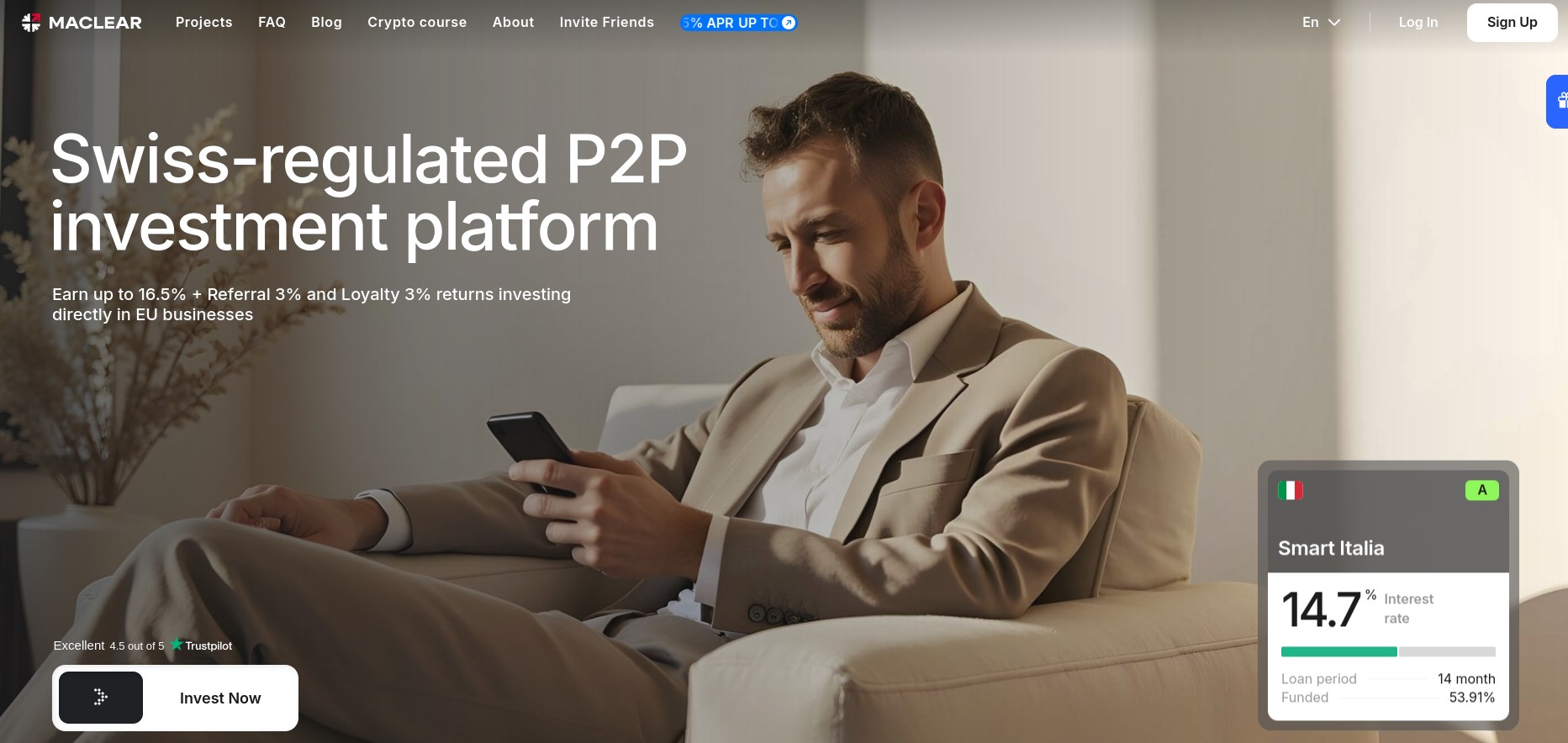 Maclear peer-to-peer business lending platform homepage with Swiss mountain background