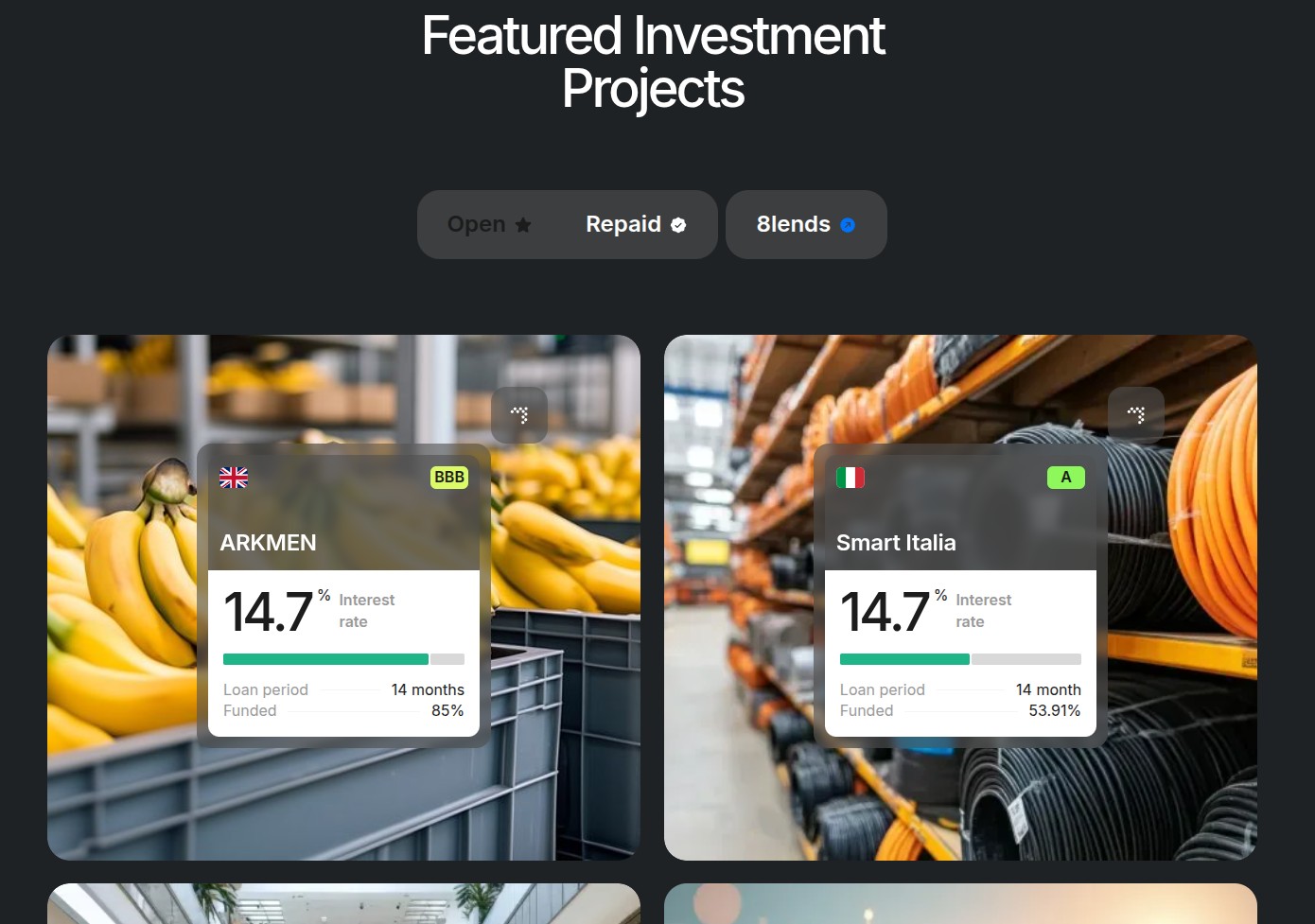Screenshot of the website page maclear.ch where Featured Investment Projects are displayed