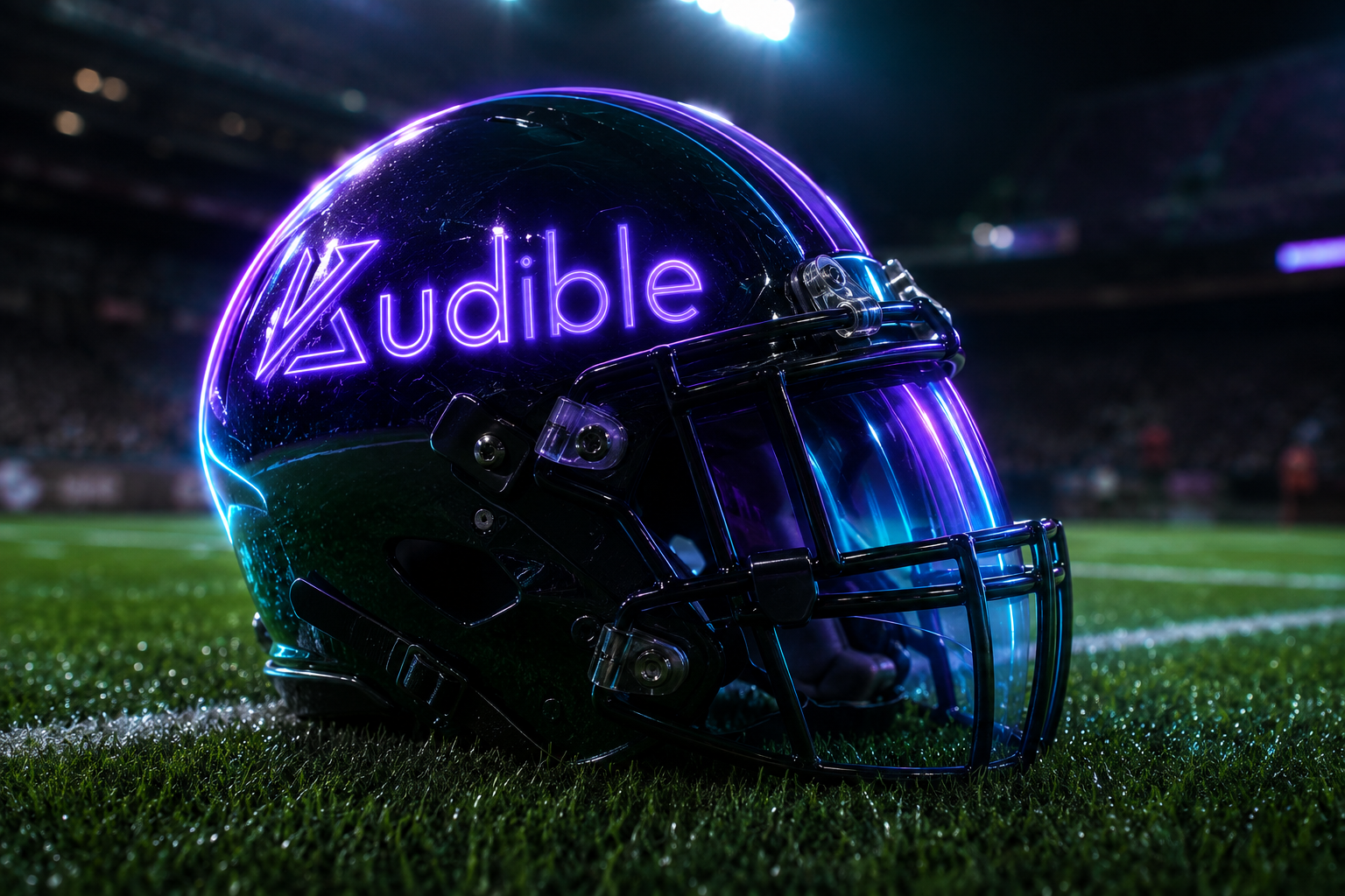 Close-up of a black football helmet with a glowing purple Audible logo on the side on a stadium field.