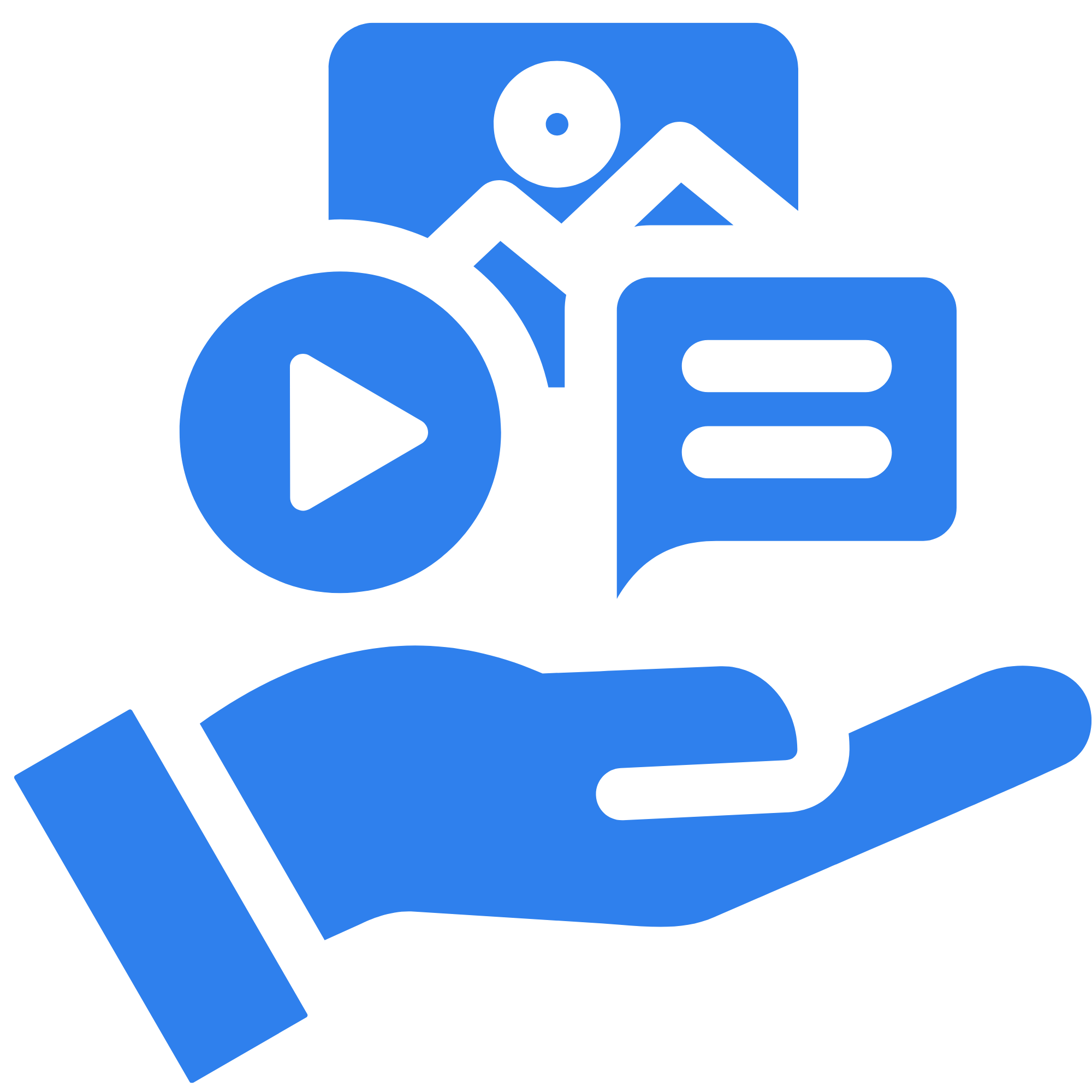 Blue hand holding icons of a play button, a photo, and a chat bubble representing media and communication.