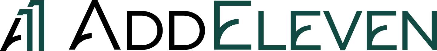 Logo with stylized text reading 'ADDELEVEN' in black and dark green letters.