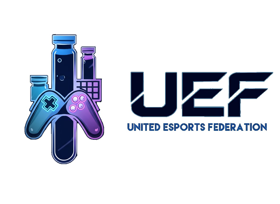 Logo with a purple-blue game controller and test tubes, text reads United Esports Federation UEF.