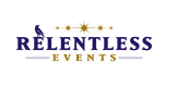 Relentless Events logo with gold stars above purple text and gold horizontal line below.